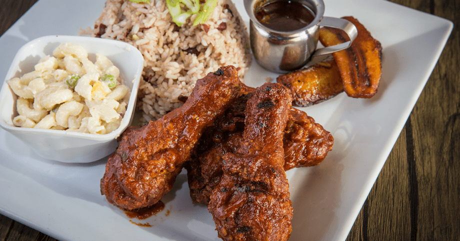 Jamaican-style Barbe-Fried Chicken plate with Caribbean sides