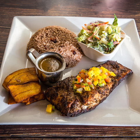 Jerked salmon with mango salsa, rice & peas, plantain, and salad – thumbnail view