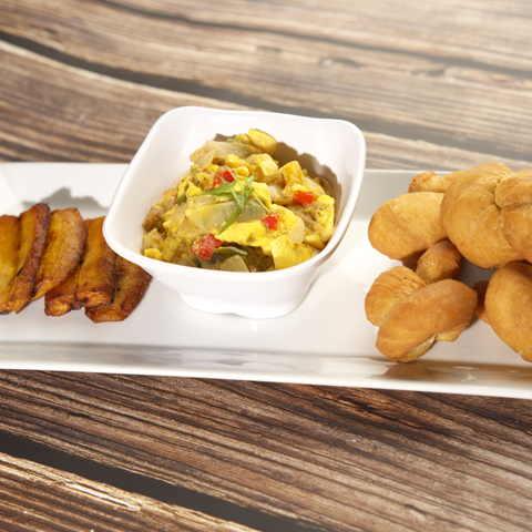 Ackee and saltfish with festivals and plantain – thumbnail view