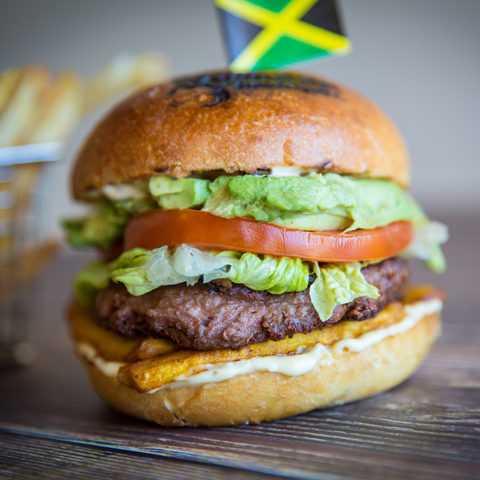 Rasta Veggie Burger with Beyond Meat, plantain, avocado, and vegan aioli – thumbnail view