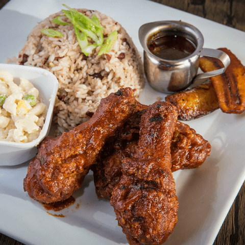Barbe-fried chicken with rice & peas, plantain, and macaroni salad – thumbnail view