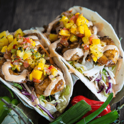 Jerked shrimp tacos with mango salsa and aioli sauce – thumbnail view